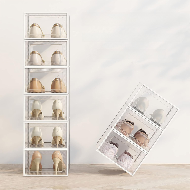 2-Pack White Clear Stackable Shoe Storage Organizer Boxes - Durable Plastic Sneaker Display and Closet Storage Containers with Magnetic Drop Front