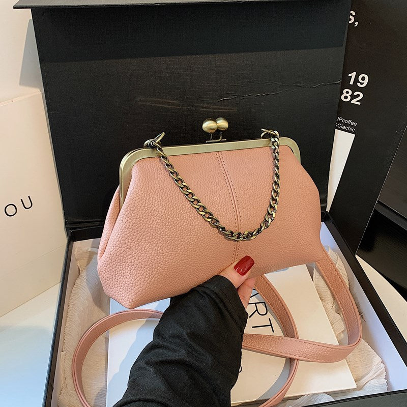 Pink Retro Women's Shell Handbag - European Style Clip Lock Closure PU Clutch/Shoulder Bag with Chain Strap