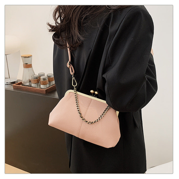 Pink Retro Women's Shell Handbag - European Style Clip Lock Closure PU Clutch/Shoulder Bag with Chain Strap