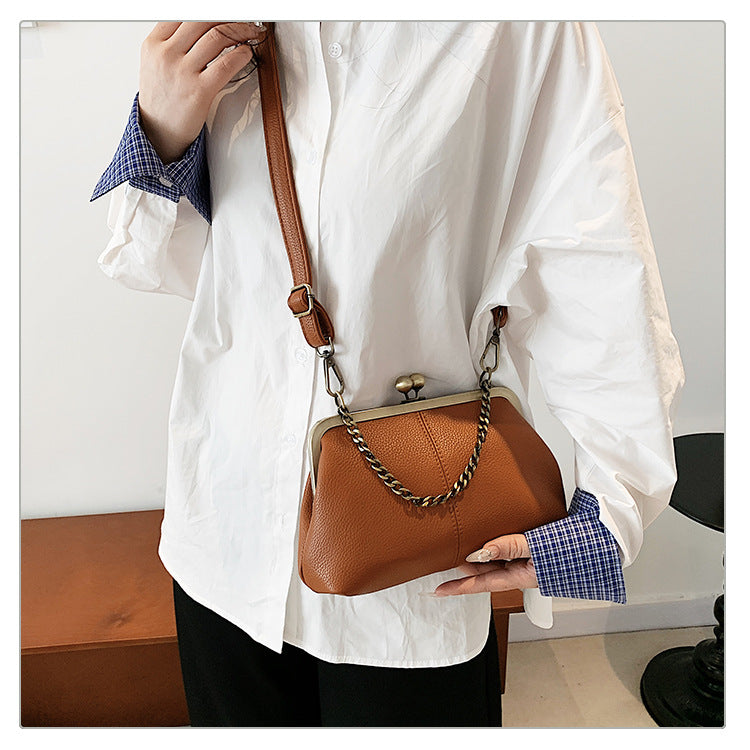 Brown Retro Women's Shell Handbag - European Style Clip Lock Closure PU Clutch/Shoulder Bag with Chain Strap
