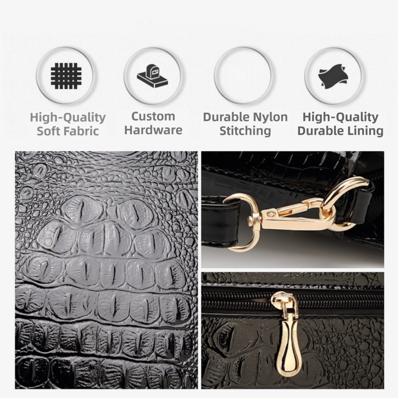Dark Blue Patent PU Leather Crocodile Embossed Shell Bag(30 x 11 x 26 CM) with Floral Pendant