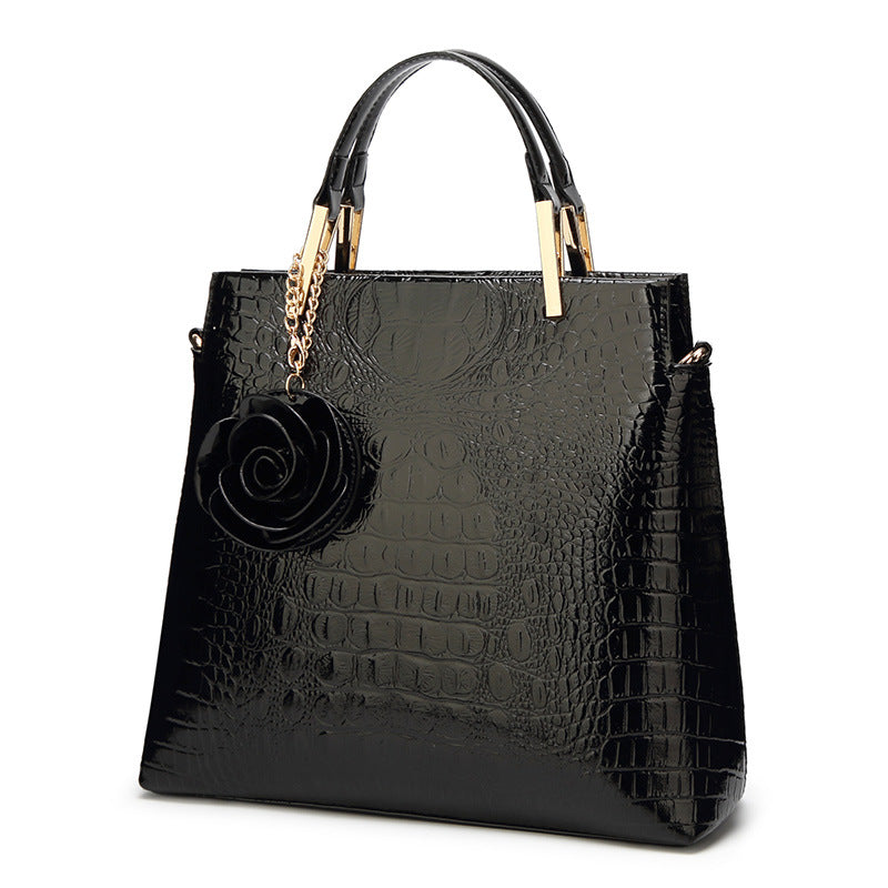 Black Patent PU Leather Crocodile Embossed Shell Bag(30 x 11 x 26 CM) with Floral Pendant