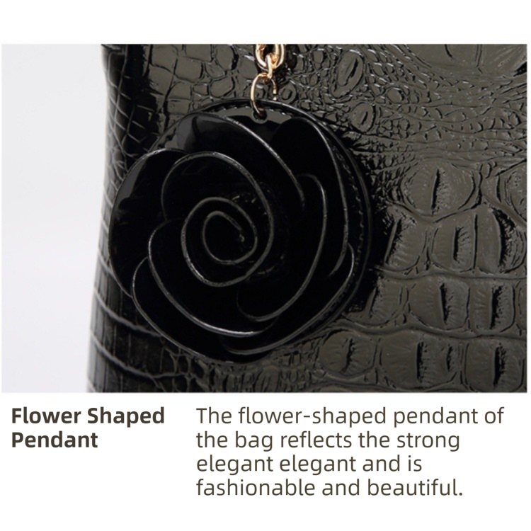 Black Patent PU Leather Crocodile Embossed Shell Bag(30 x 11 x 26 CM) with Floral Pendant
