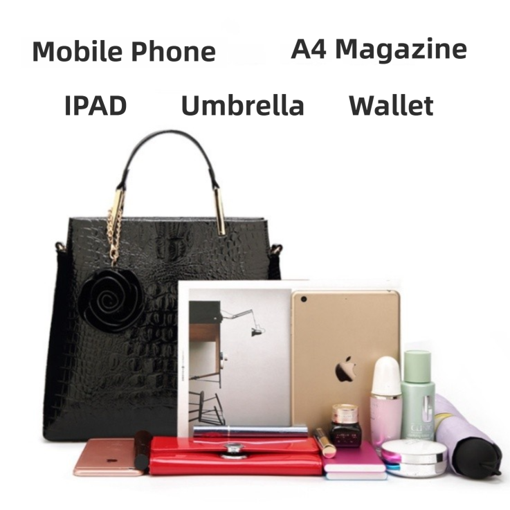 Black Patent PU Leather Crocodile Embossed Shell Bag(30 x 11 x 26 CM) with Floral Pendant