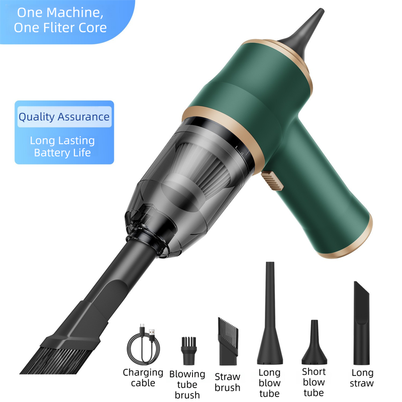 4-in1 Green Wireless Compact Handheld Car Vacuum Cleaner & Air Duster with 5 Nozzles/Brushes- 5300 Pa High Power Blower/Suction Tool for Auto, Home & Office