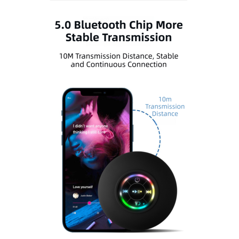 Black IPX4 Waterproof Portable Bluetooth Shower Speaker with Suction Cup & LED Light - Multi-Use As Phone Stand, Built-in Mic for Hands-Free Calling