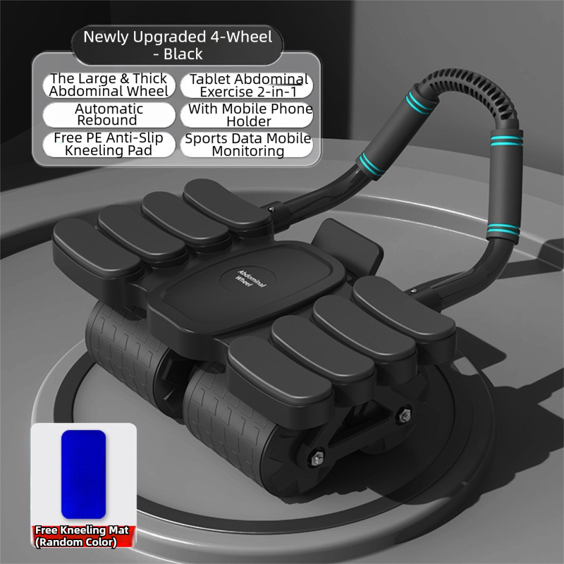 Black 4-Wheel Automatic Rebound Ab Roller with 8 Elbow Support - Core Trainer for Home Abdominal Muscle Workout (Beginner-Friendly)