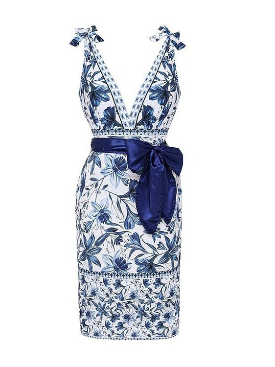 M Size Blue Print Women's Sexy One-Piece Swimsuit Set With Matching Wrap Skirt - European/American Style Bikini with Built-in Pads