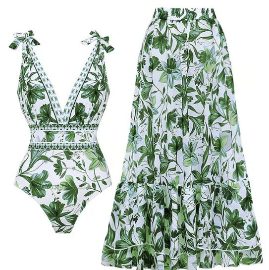 XXL Size Green Print Women's Sexy One-Piece Swimsuit Set With Matching Long Dress - European/American Style Bikini with Built-in Pads