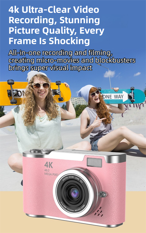 White 4K Compact Digital CCD Camera for Vlogging & Students - Portable Point and Shoot with 2.4-inch Rotating Screen, 8X Optical Zoom, and Anti-Shake