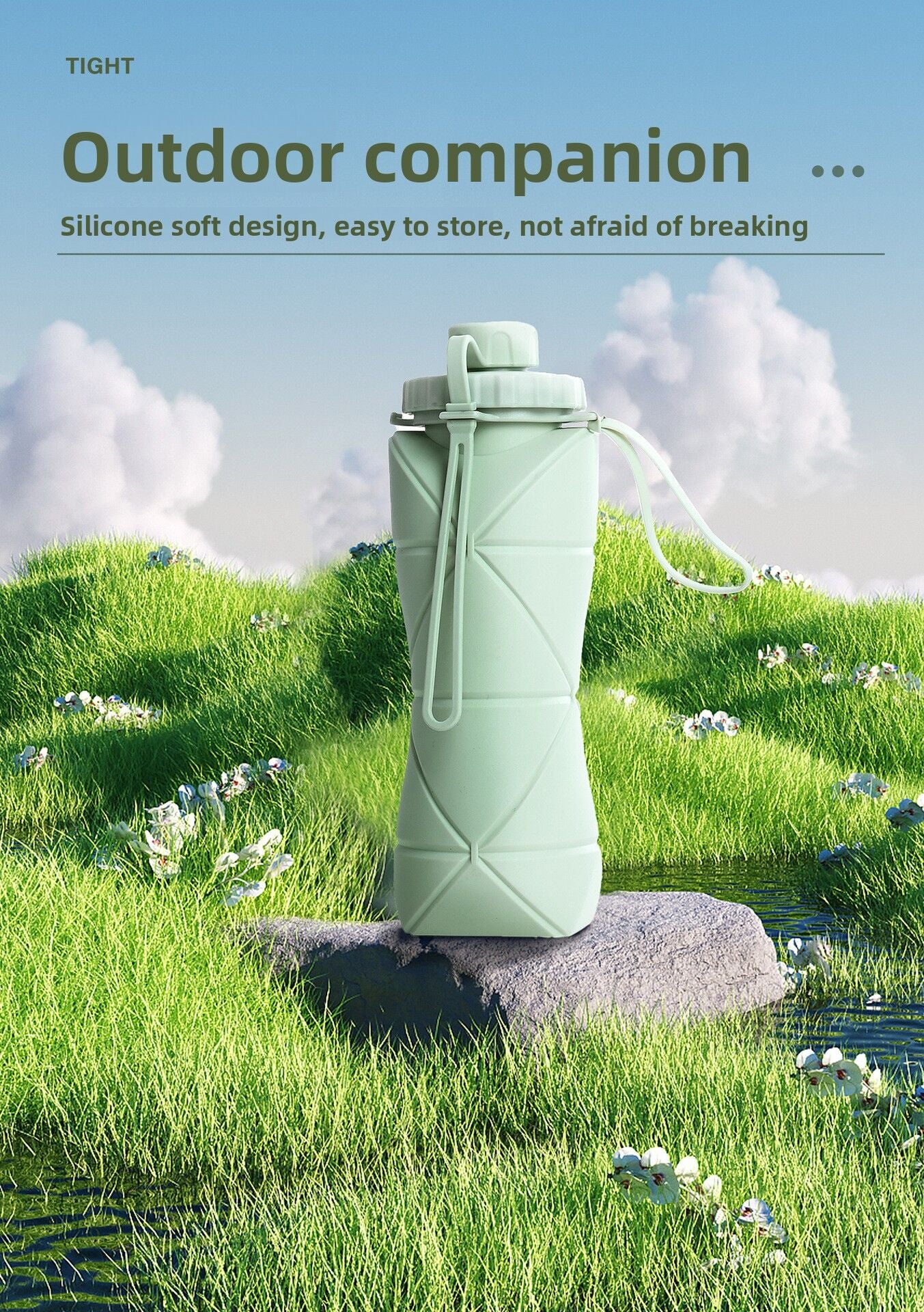 Blue Portable Food Grade Silicone Collapsible Sports Water Bottle 600ML - Folding down 80% , Low High Temperature Resistant