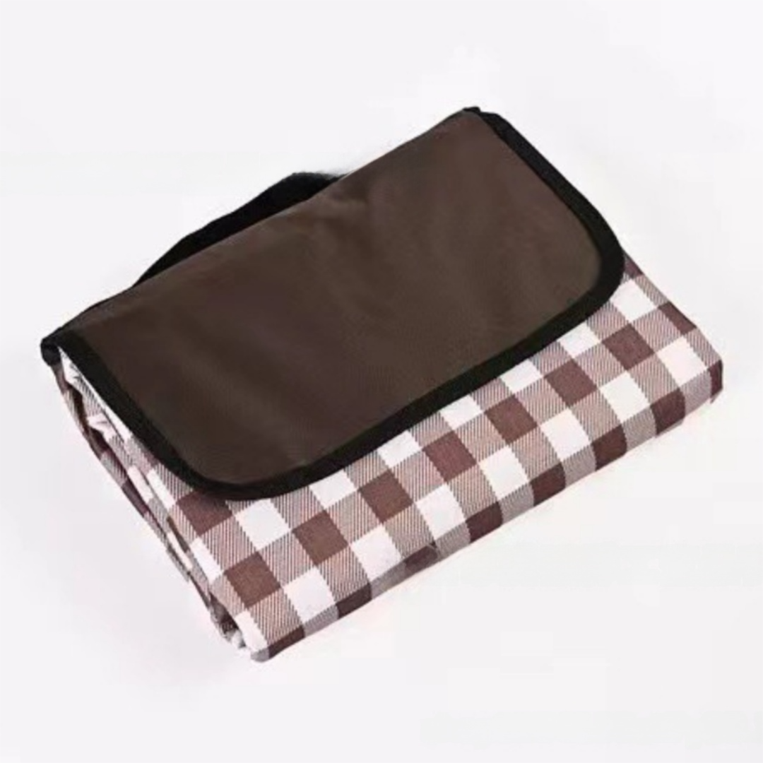 Coffee White Grid Foldable Waterproof & Moisture-Proof Picnic Blanket 150x100CM - 600D Three-Layer Composite Oxford Extra Large Mat for Beach & Camping