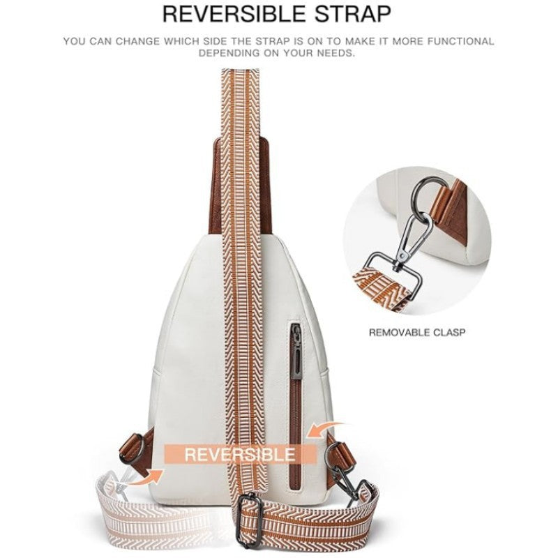 Black Women's 3-Layer Zipped PU Chest Bag with Reversable Strap - Roomy But Not Nulky Single Shoulder Crossbody Bag