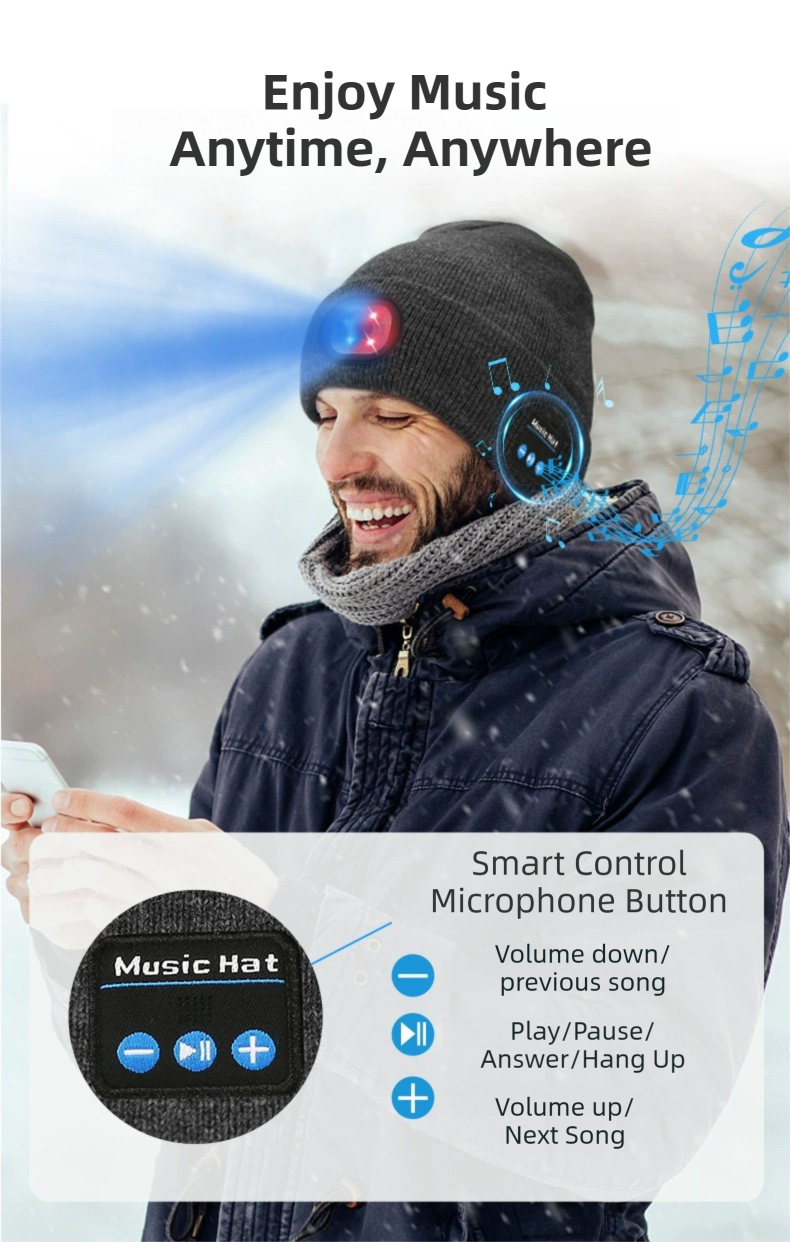 Light Grey Removable LED Bluetooth Headphone Beanie - Washable Knit Hat with 3-Level LED Illumination & Stereo Sound, USB Rechargeable