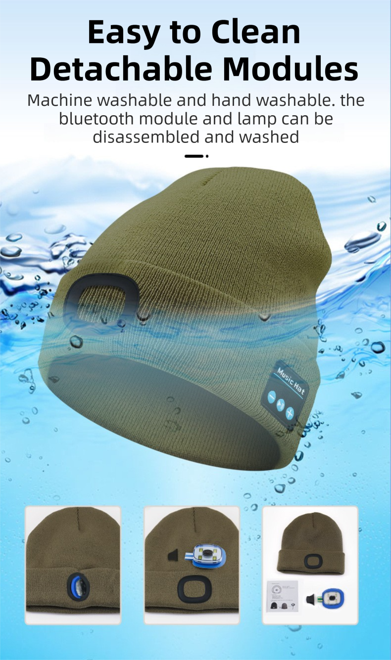 Red Removable LED Bluetooth Headphone Beanie - Washable Knit Hat with 3-Level LED Illumination & Stereo Sound, USB Rechargeable