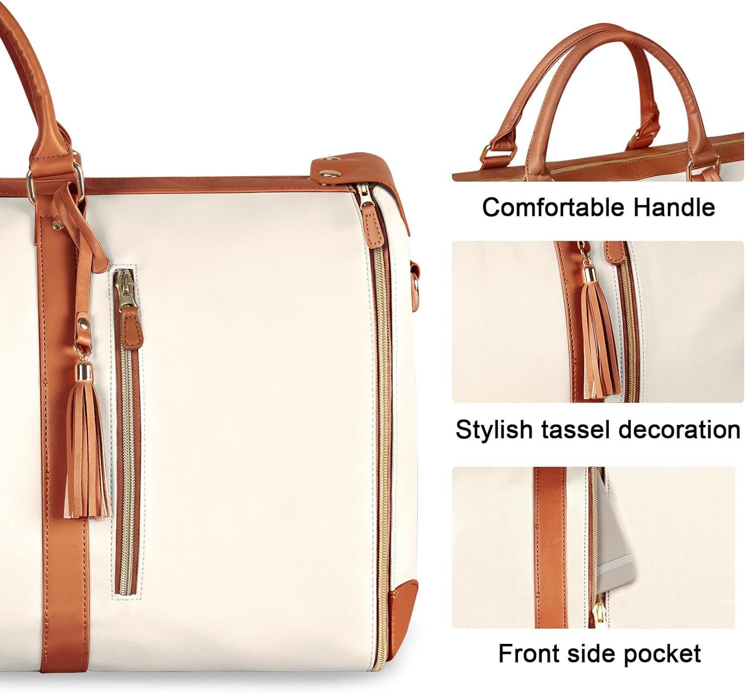 White 56-75L Large Capacity Foldable Garment Duffel Bag with Shoe Pouch - PU Leather Convertible Suit Carrier, Anti-Wrinkle Travel & Weekender Bag