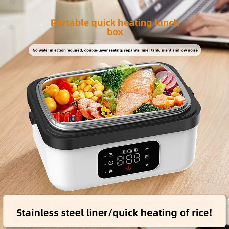 1L Black Cordless Waterless Heated Lunch Box - Portable 304 Stainless Steel Bento Box for Picnic Students Office Workers, Timed Insulation & USB Rechargeable