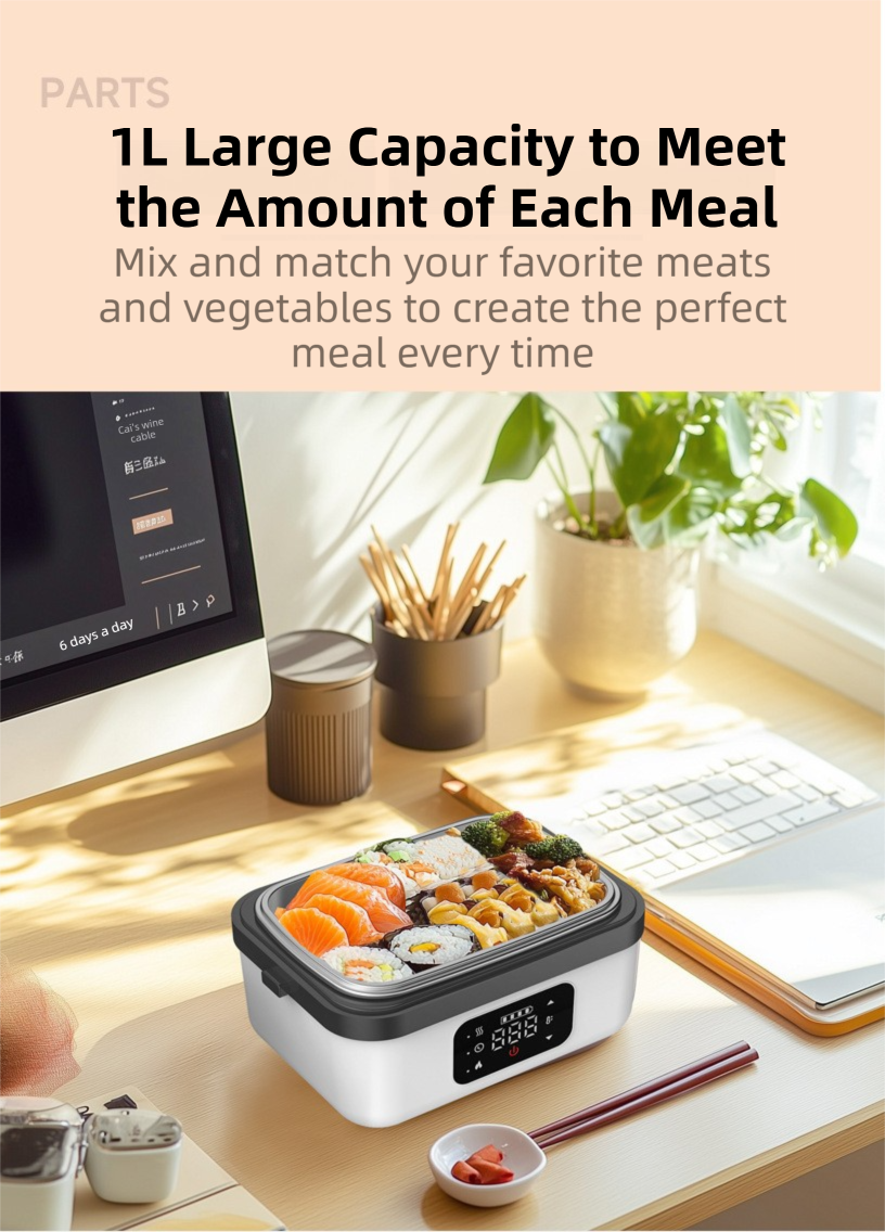 1L Black Cordless Waterless Heated Lunch Box - Portable 304 Stainless Steel Bento Box for Picnic Students Office Workers, Timed Insulation & USB Rechargeable