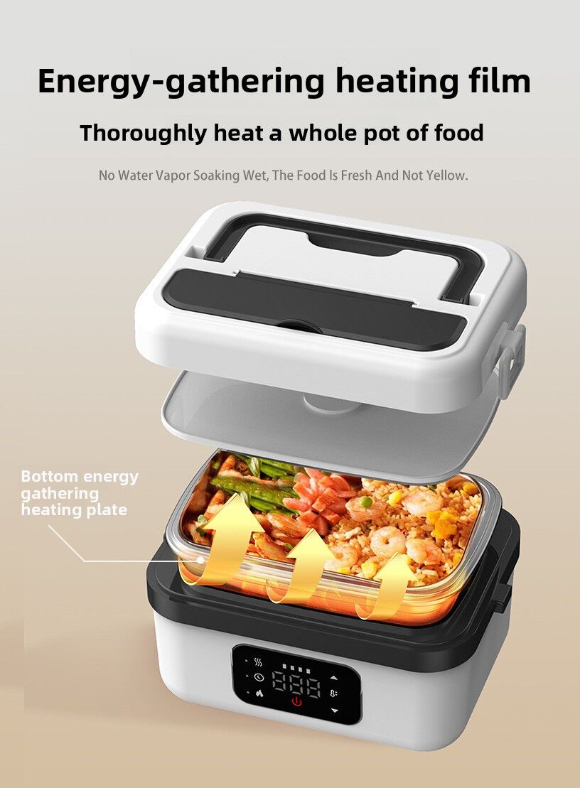 1L Black Cordless Waterless Heated Lunch Box - Portable 304 Stainless Steel Bento Box for Picnic Students Office Workers, Timed Insulation & USB Rechargeable