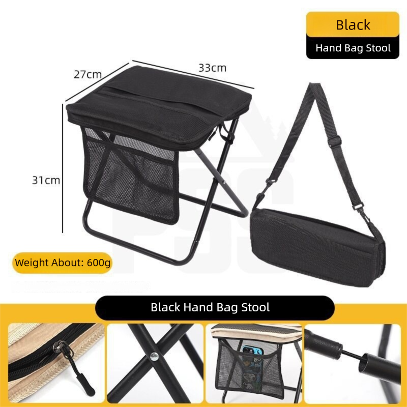 Black Foldable Compact Handbag With Stool - Ultralight Travel Seat with Storage Pockets for Fishing, Hiking & Outdoor Activities