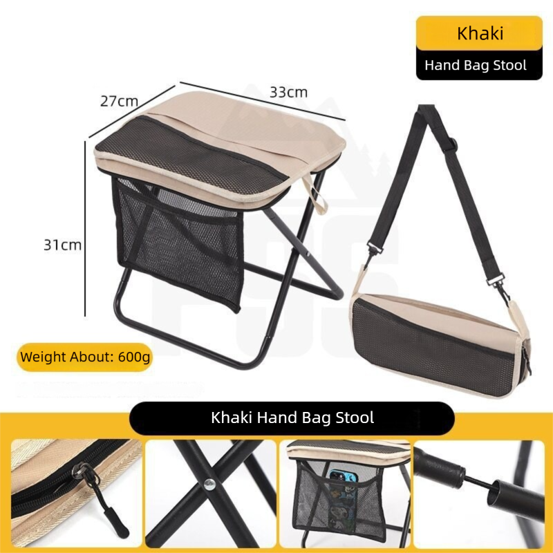 Khaki Foldable Compact Handbag With Stool - Ultralight Travel Seat with Storage Pockets for Fishing, Hiking & Outdoor Activities