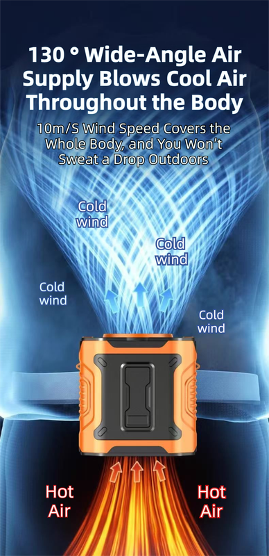 Orange Portable Waist Fan - Construction Site Cooling Solution with 360° Turbo Ice Engine, 100 Speed Gears, and LED Light