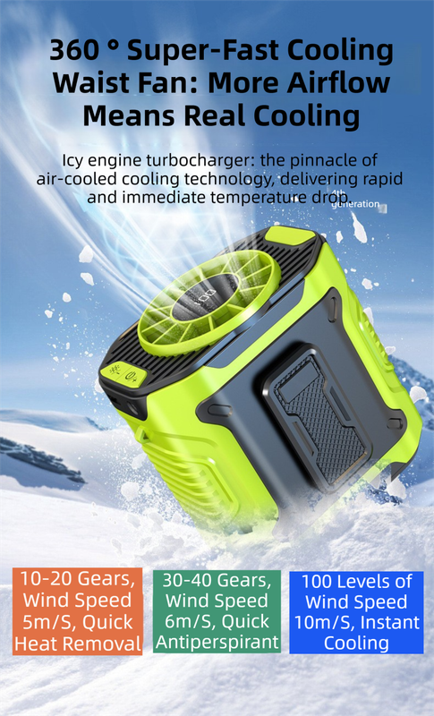 Dark Green Portable Waist Fan - Construction Site Cooling Solution with 360° Turbo Ice Engine, 100 Speed Gears, and LED Light