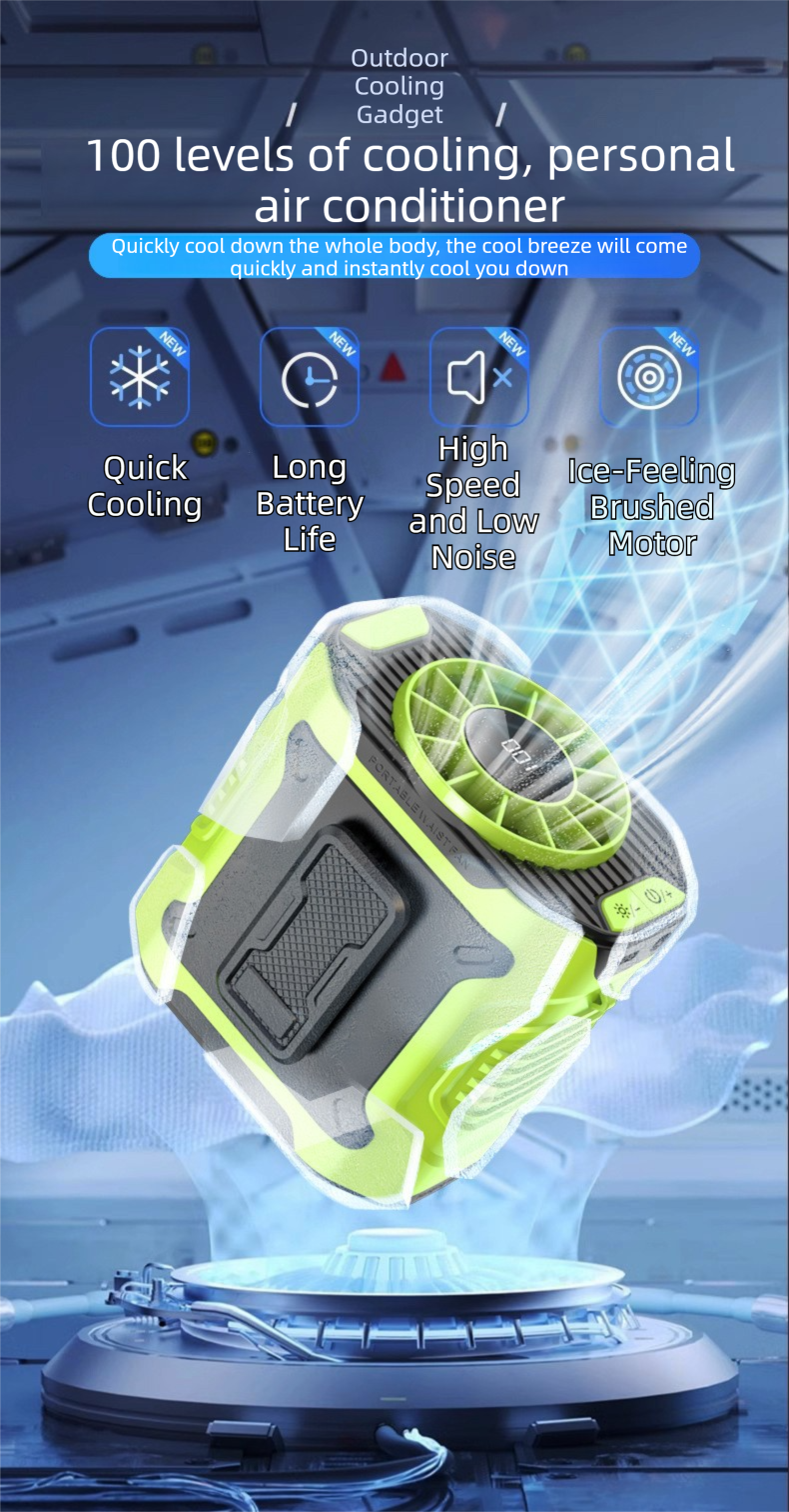 Light Green Portable Waist Fan - Construction Site Cooling Solution with 360° Turbo Ice Engine, 100 Speed Gears, and LED Light