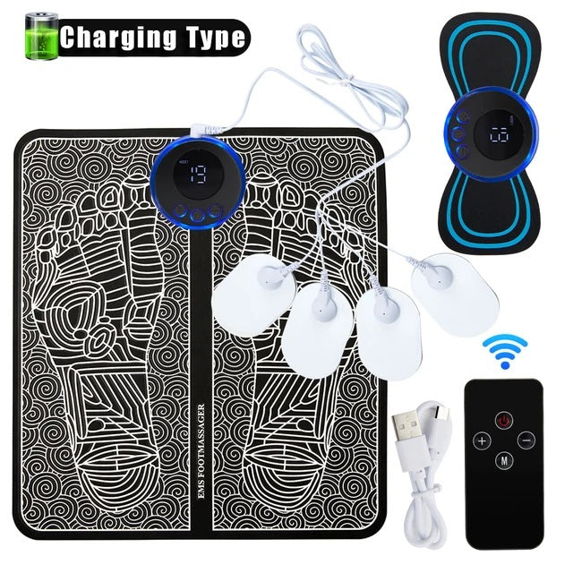 EMS Foot Massager Mat With Neck Patch + 4 Adhesive Pads + Remote Control - Pulse Device for Foot Reflexology, Deep Tissue Massage and Acupressure Stimulation