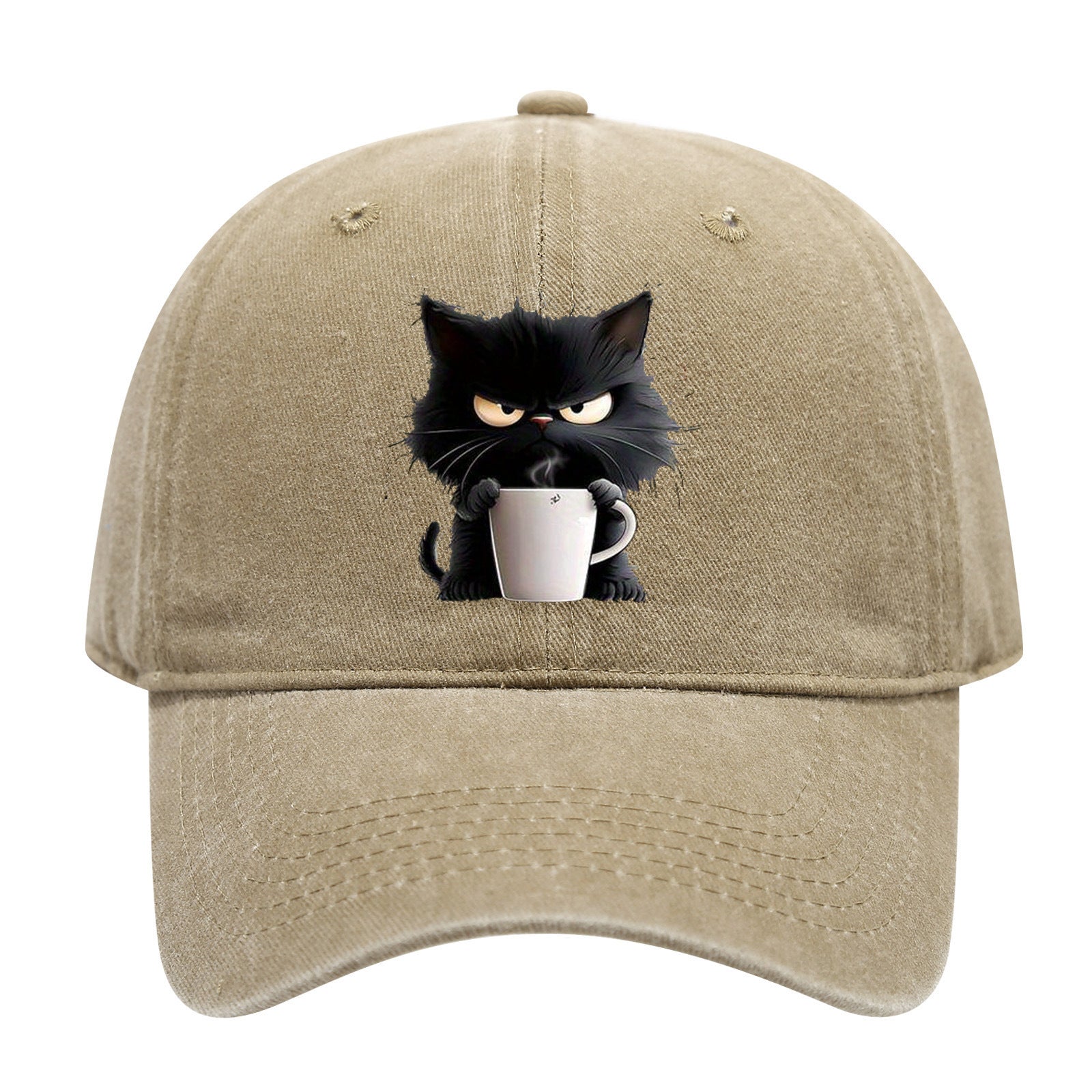 Khaki Washed Cotton Baseball Cap with Cat Print - Spring/Summer Casual Adjustable Unisex Couple Sun Hat