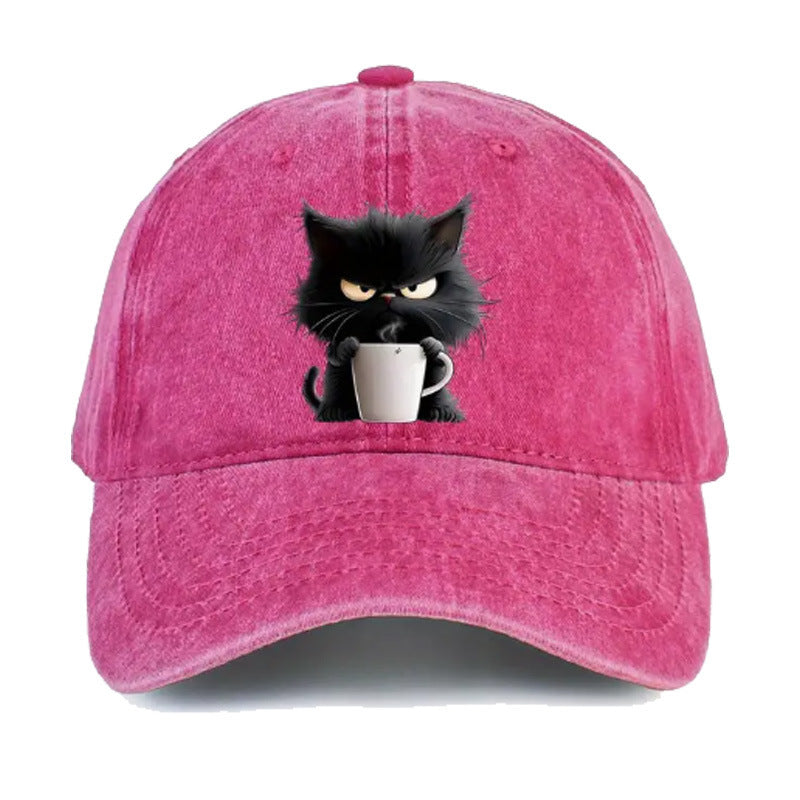Pink Washed Cotton Baseball Cap with Cat Print - Spring/Summer Casual Adjustable Unisex Couple Sun Hat