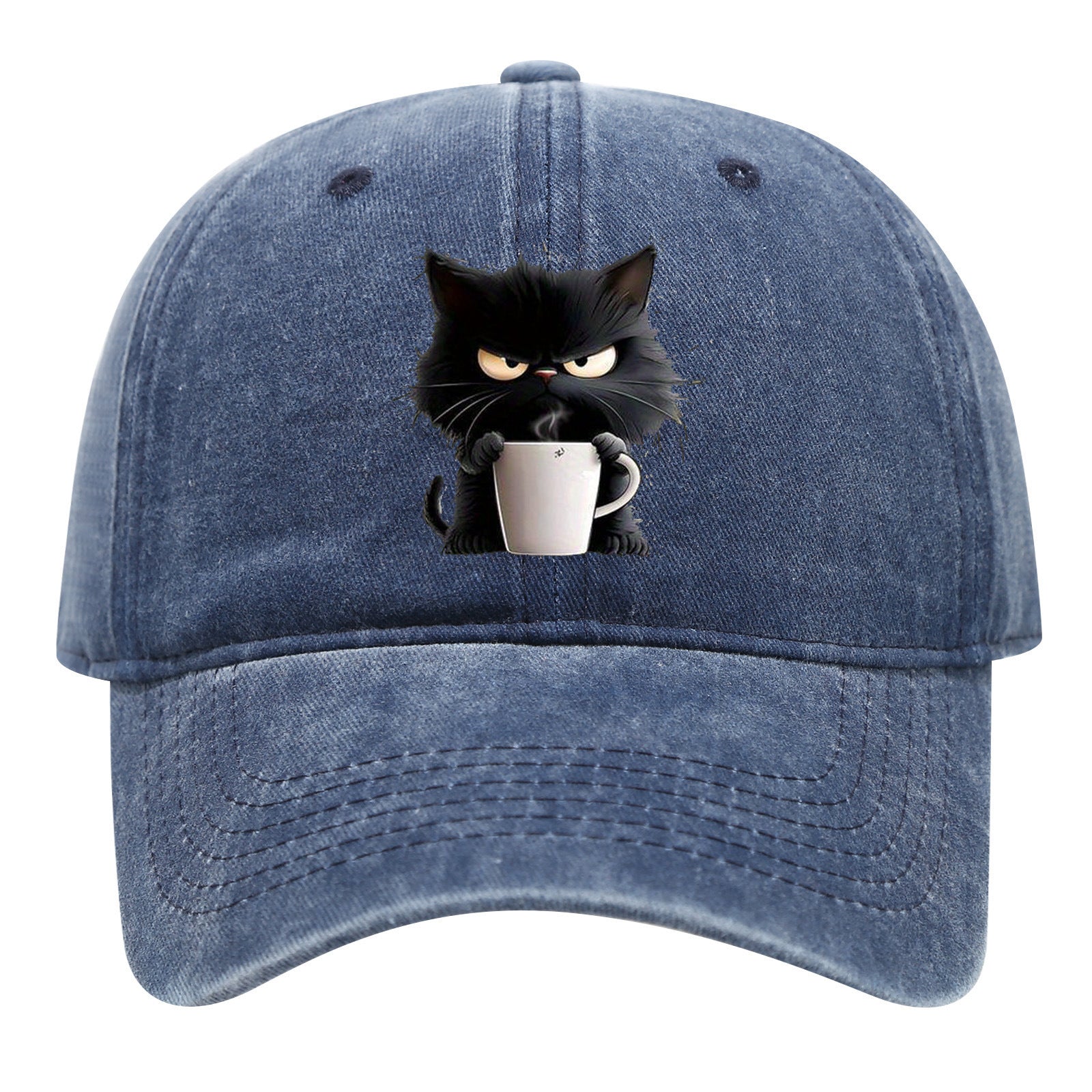 Blue Washed Cotton Baseball Cap with Cat Print - Spring/Summer Casual Adjustable Unisex Couple Sun Hat