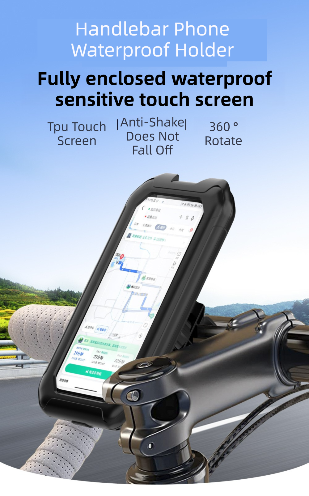 Black Bicycle Waterproof Phone Holder - Handlebar Mount with Sensitive Touch Screen, Anti-Drop & 360° Rotation Case for Navigation (Up to 7-inch Phones)