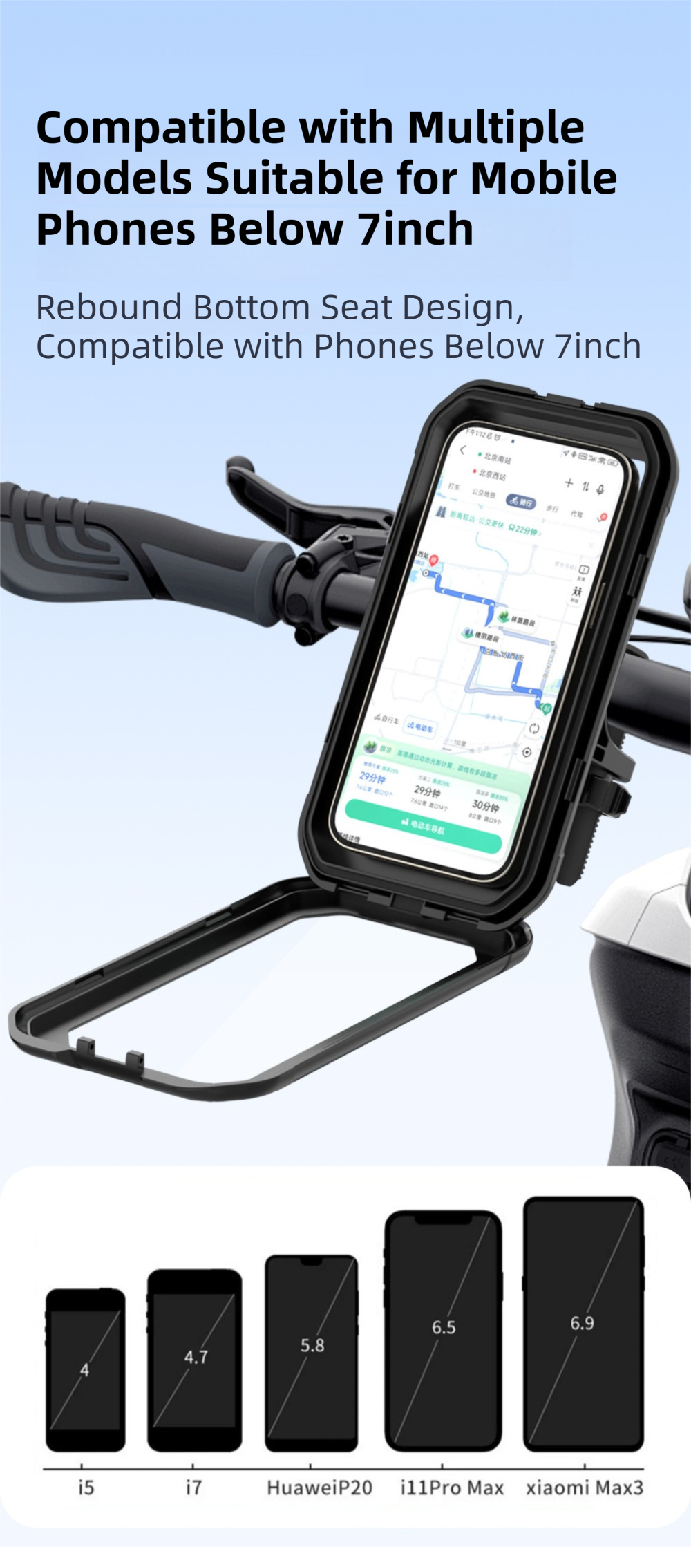 Black Bicycle Waterproof Phone Holder - Handlebar Mount with Sensitive Touch Screen, Anti-Drop & 360° Rotation Case for Navigation (Up to 7-inch Phones)