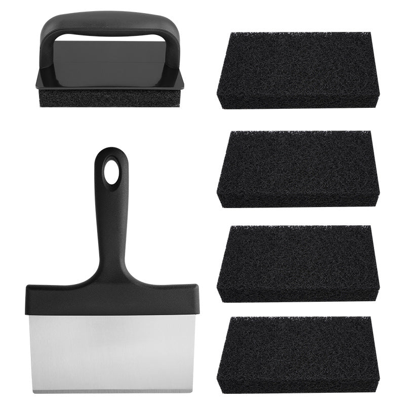 Stainless Steel BBQ Griddle and Grill Cleaning Tool Set - Scraper, 4 Cleaning Pad with TPR Handle Kit for Deep Cleaning