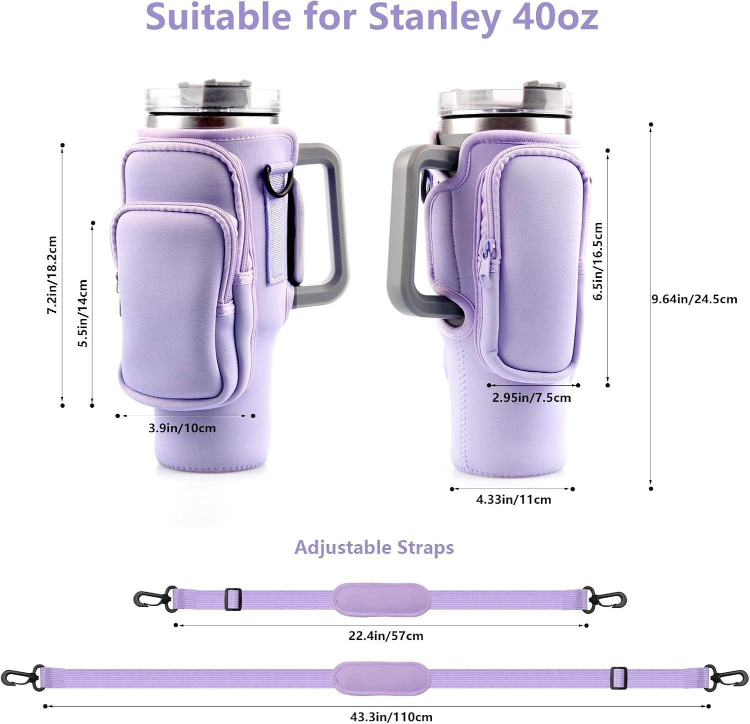 40oz Blue Insulated Tumbler Carrier Sleeve with Adjustable Shoulder Strap - Neoprene Triple-Pocket Holder for Outdoor and Car Use