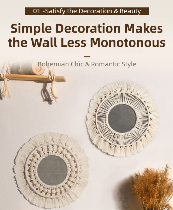 M0864 Bohemian Macrame Wall Hanging Mirror with Hand-Woven Petal Accents - Artistic Round Fringe Mirror for Home Decor