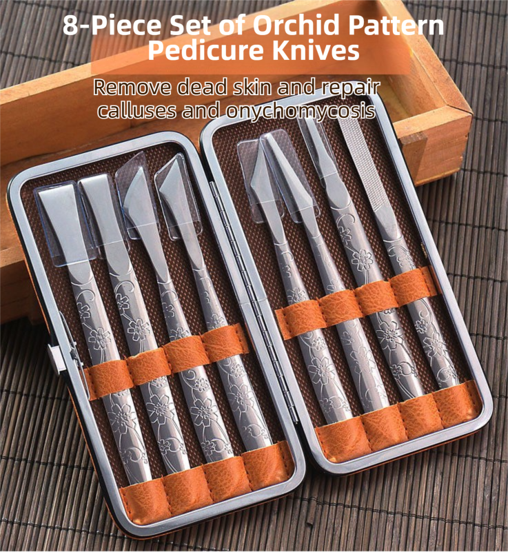 8-Piece Orchid Pattern Stainless Steel Pedicure Tool Set - Precision Tools with Leather Case for Ingrown Toenail & Dead Skin Removal
