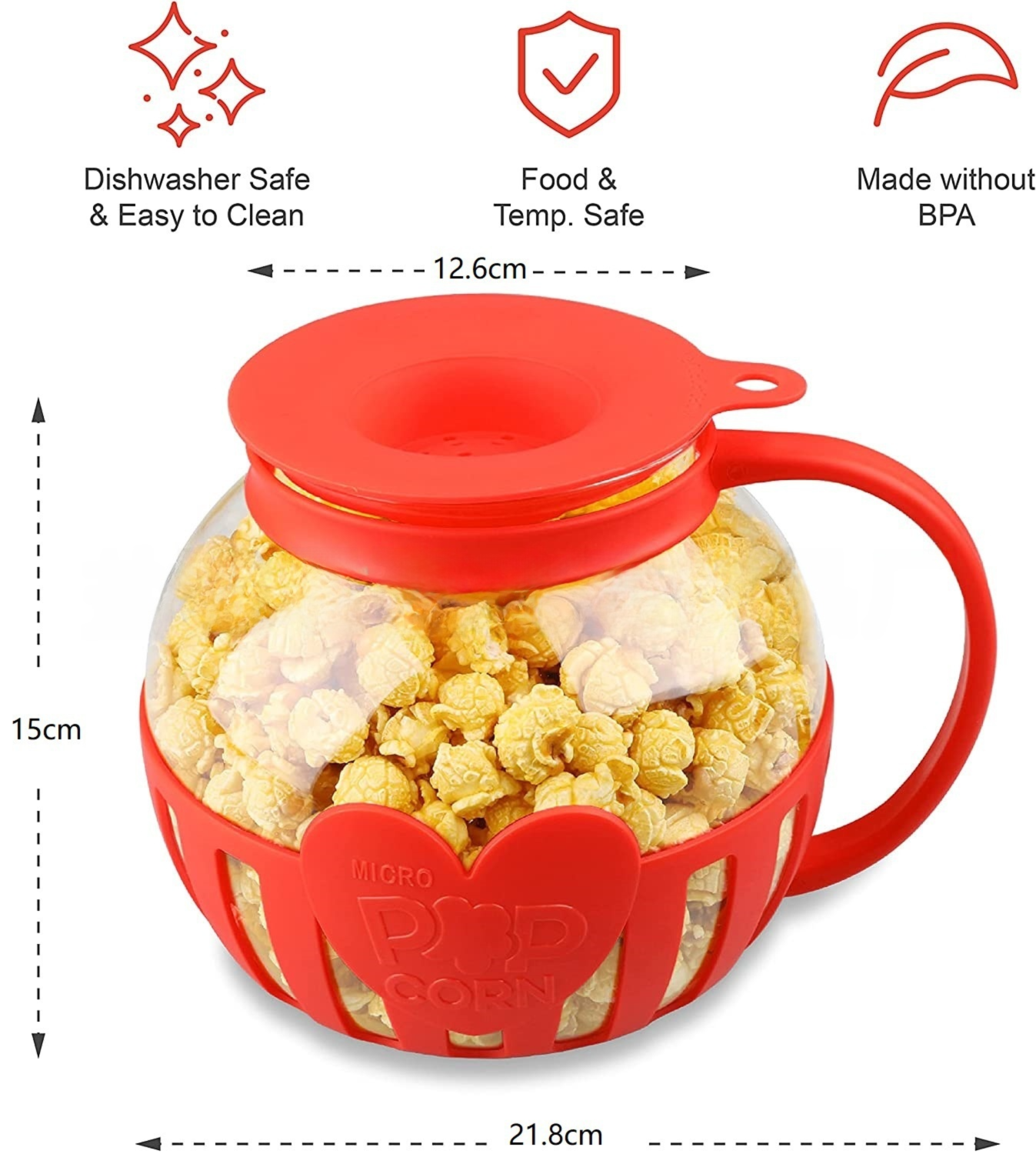 2.25QT Red Borosilicate Glass Microwave Popcorn Popper - Healthy Chemical-Free Snack Maker - Dishwasher Safe & Wide Mouth Design