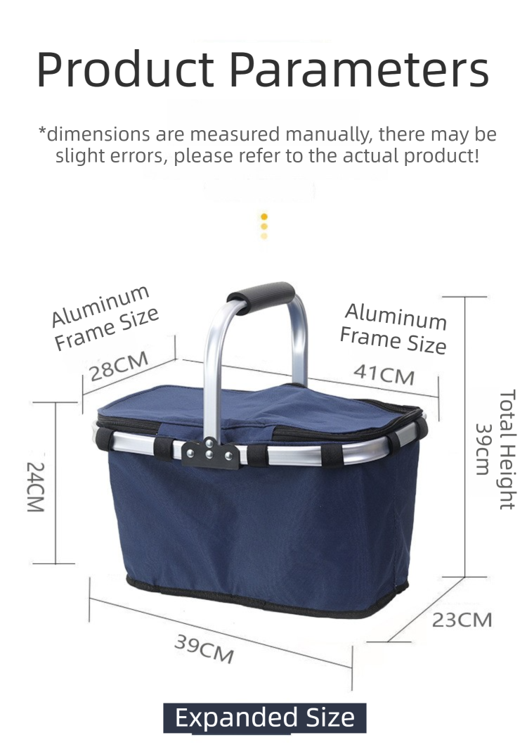 Blue Foldable Insulated Picnic Basket With Zipper Lid & Handle - Modern Minimalist Large Capacity Thermal Shopping Basket for Grocery, Camping, and Meal Delivery