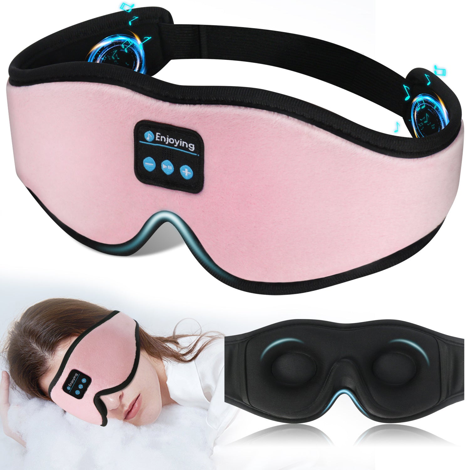 Pink 3D Wireless Bluetooth Sleep Mask with Integrated Stereo Headphones - 100% Blackout Memory Foam Eye Mask, Ultra-Long Battery Life & Washable Design
