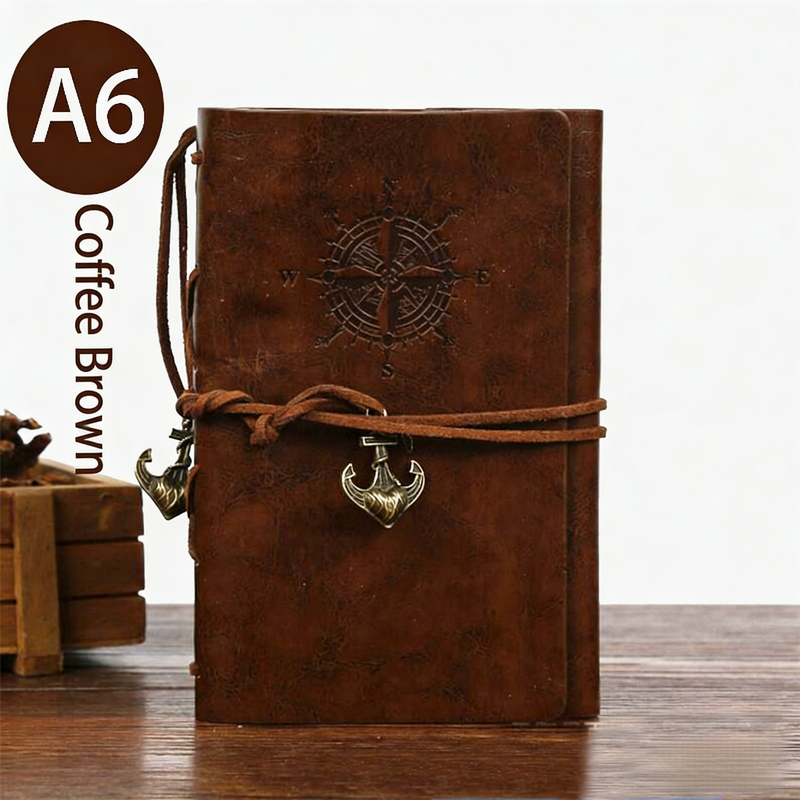 2-Pack A6 Nautical Vintage PU Leather Student Notebook - Pirate Style Strapped Diary with 150 Pages of Refillable Kraft Paper(Coffee Brown)