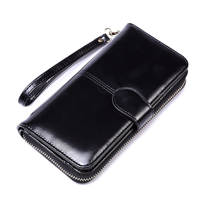 Black Women's Long Buckle Closure Wallet - PU Lether Large Capacity Multi-Slot Card Holder & Purse Combo wIth Wristband