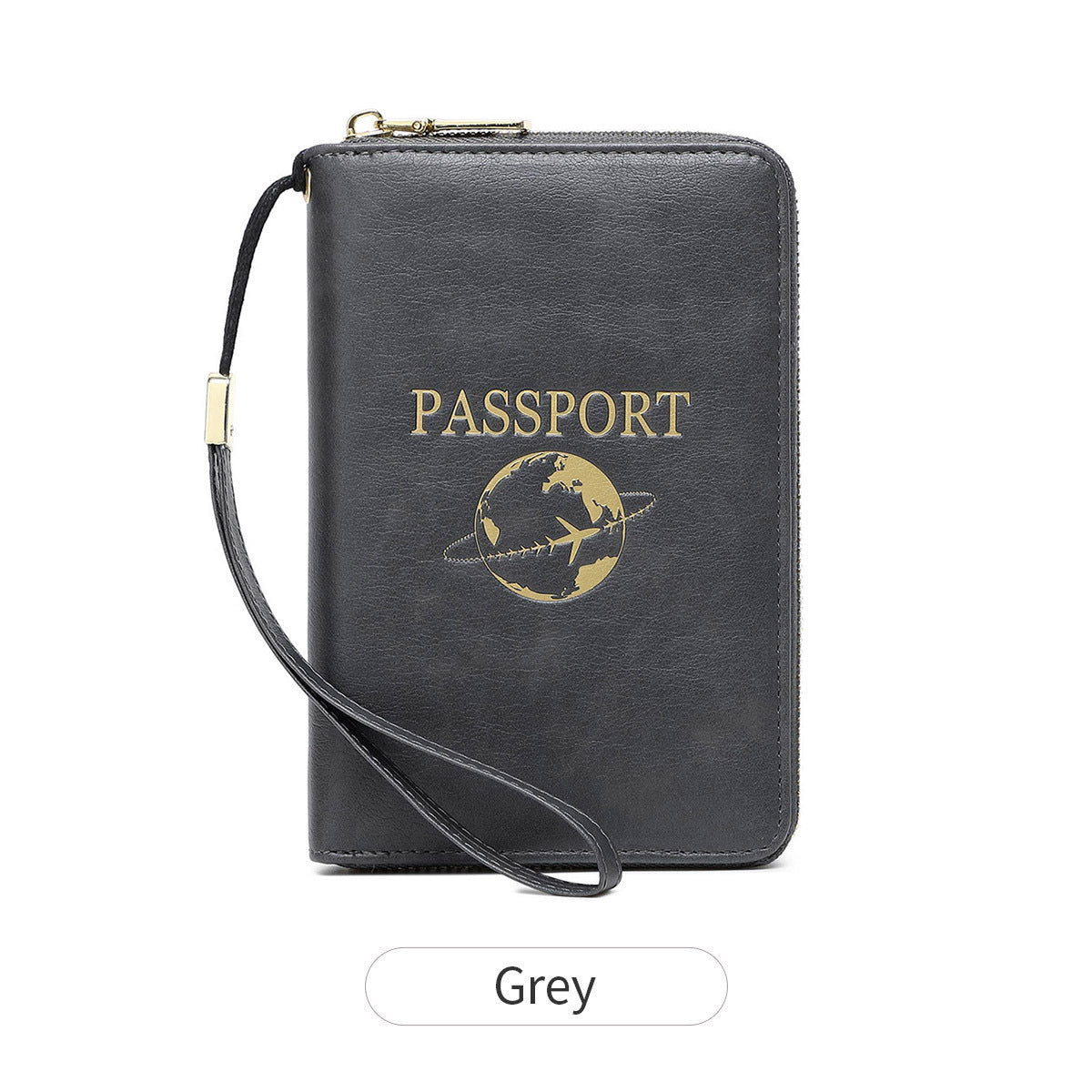 Grey RFID Blocking Travel Passport Holder - Multi-functional Waterproof PU Leather Security Travel Wallet with Zipper and Wristband