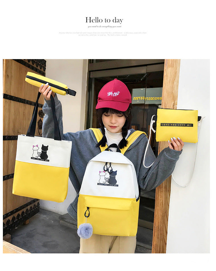 4-Piece Yellow Student Backpack Set with Cat Print - Durable Canvas School Bag Combo - Includes Backpack, Tote Bag, Crossbody Bag & Pencil Case