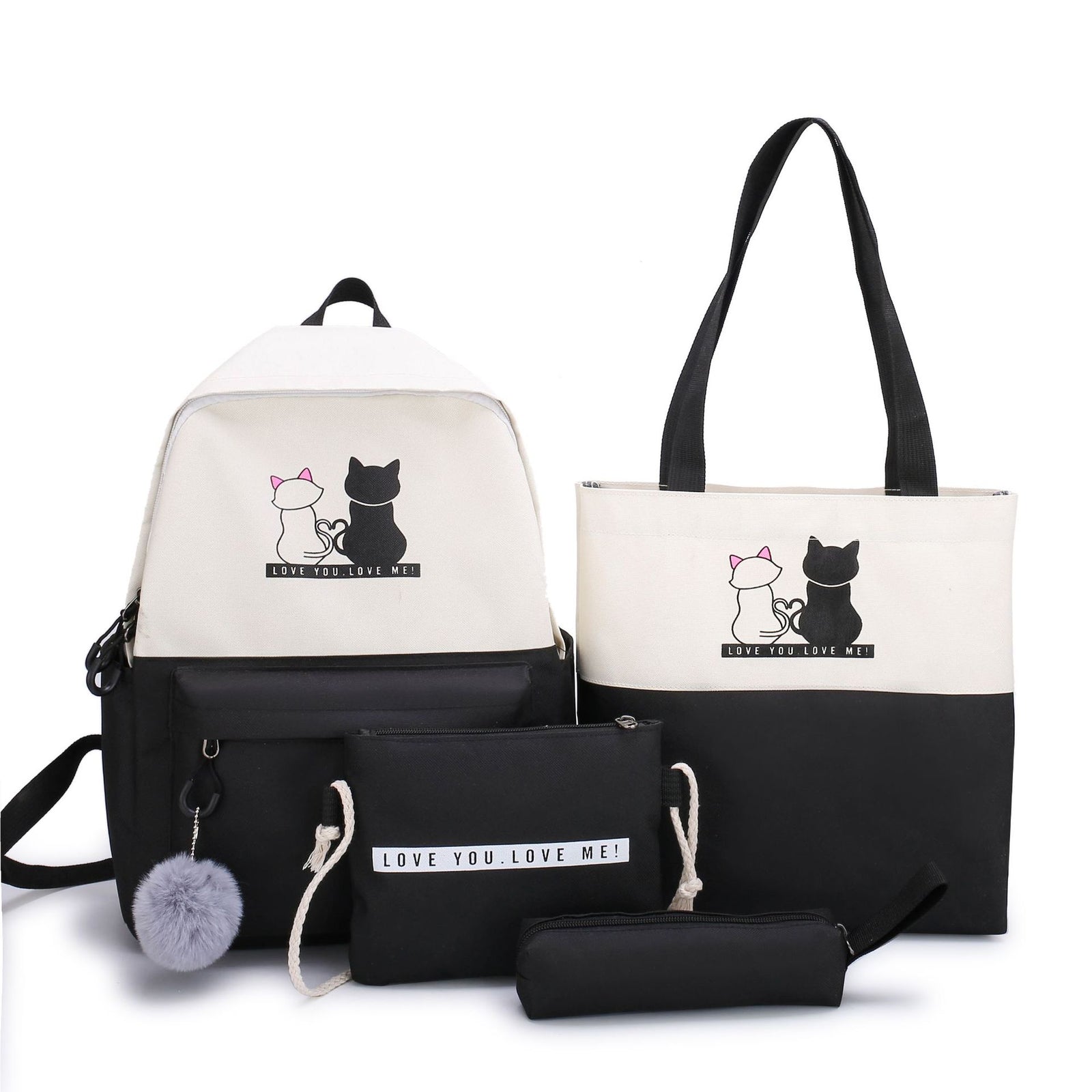 4-Piece Black Student Backpack Set with Cat Print - Durable Canvas School Bag Combo - Includes Backpack, Tote Bag, Crossbody Bag & Pencil Case