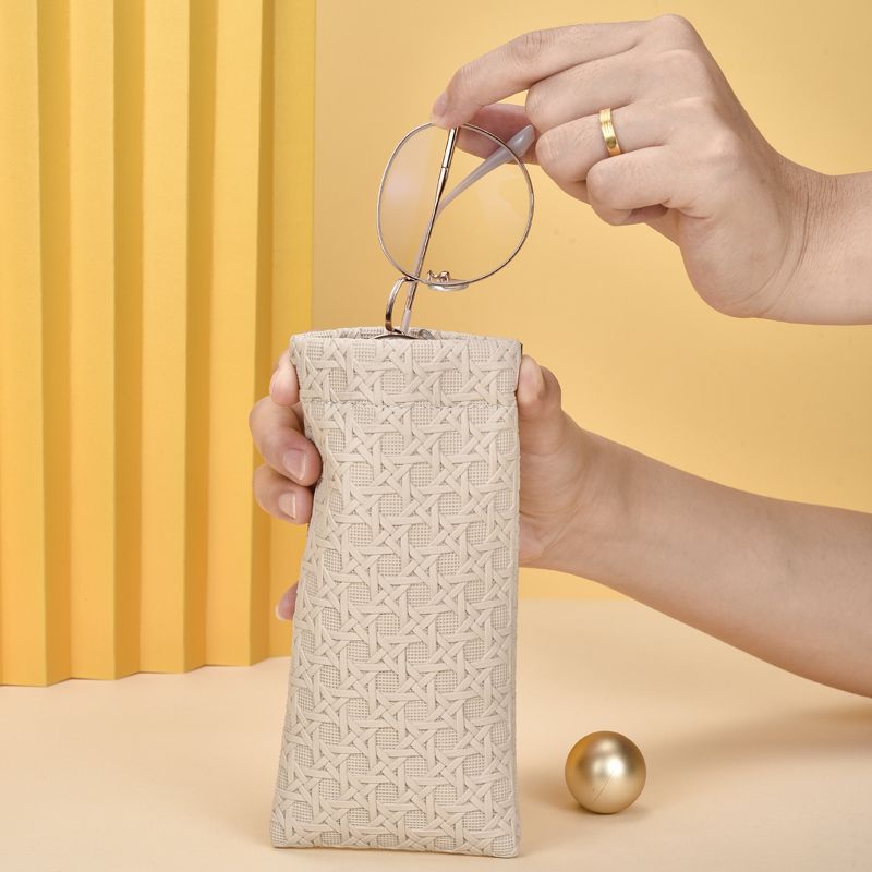 3-Pack Beige Woven Texture Eyeglass Cases - Retro PU Leather Anti-Pressure Glasses Pouch