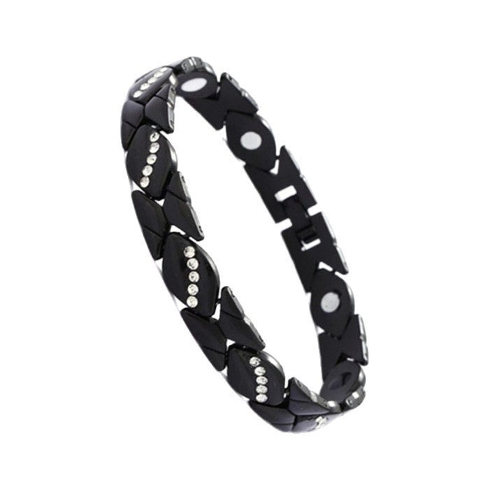 Leaf Magnetic Therapy Bracelet with Rhinestones - Geometric Stylish Wristband & Wellness Jewelry, Free Removel Tool(Black)