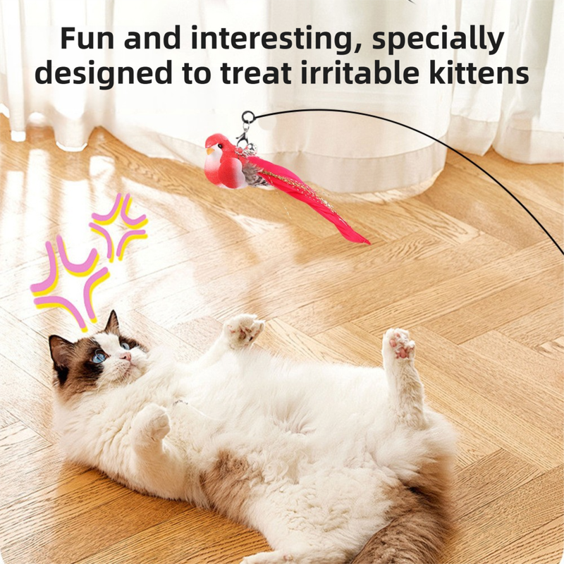 Interactive Self-Play Cat Wand with Suction Base - Automatic Bouncing Teaser Including Bell & 3 Bird Attachments(Red)