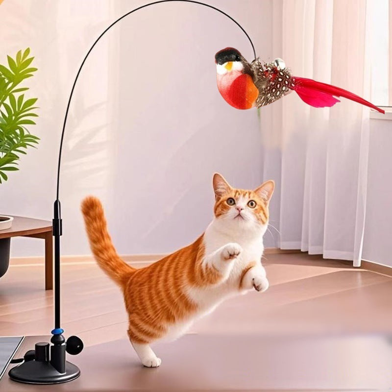 Interactive Self-Play Cat Wand with Suction Base - Automatic Bouncing Teaser Including Bell & 3 Bird Attachments(Red)
